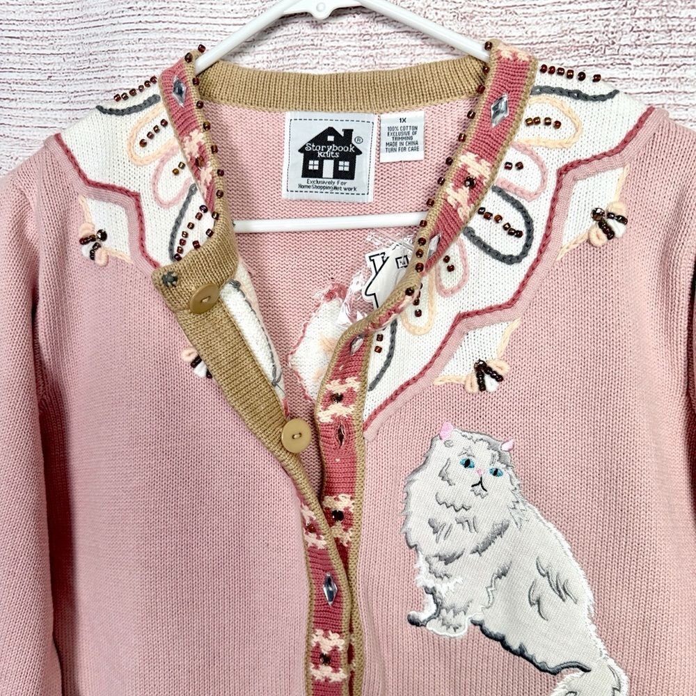 NWT Storybook Knits Cats Design Cardigan Pink Beaded Cotton size 1X Vintage - Picture 6 of 16